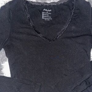 Black Long Sleeve Top with Lace Detail Around Neck - Small